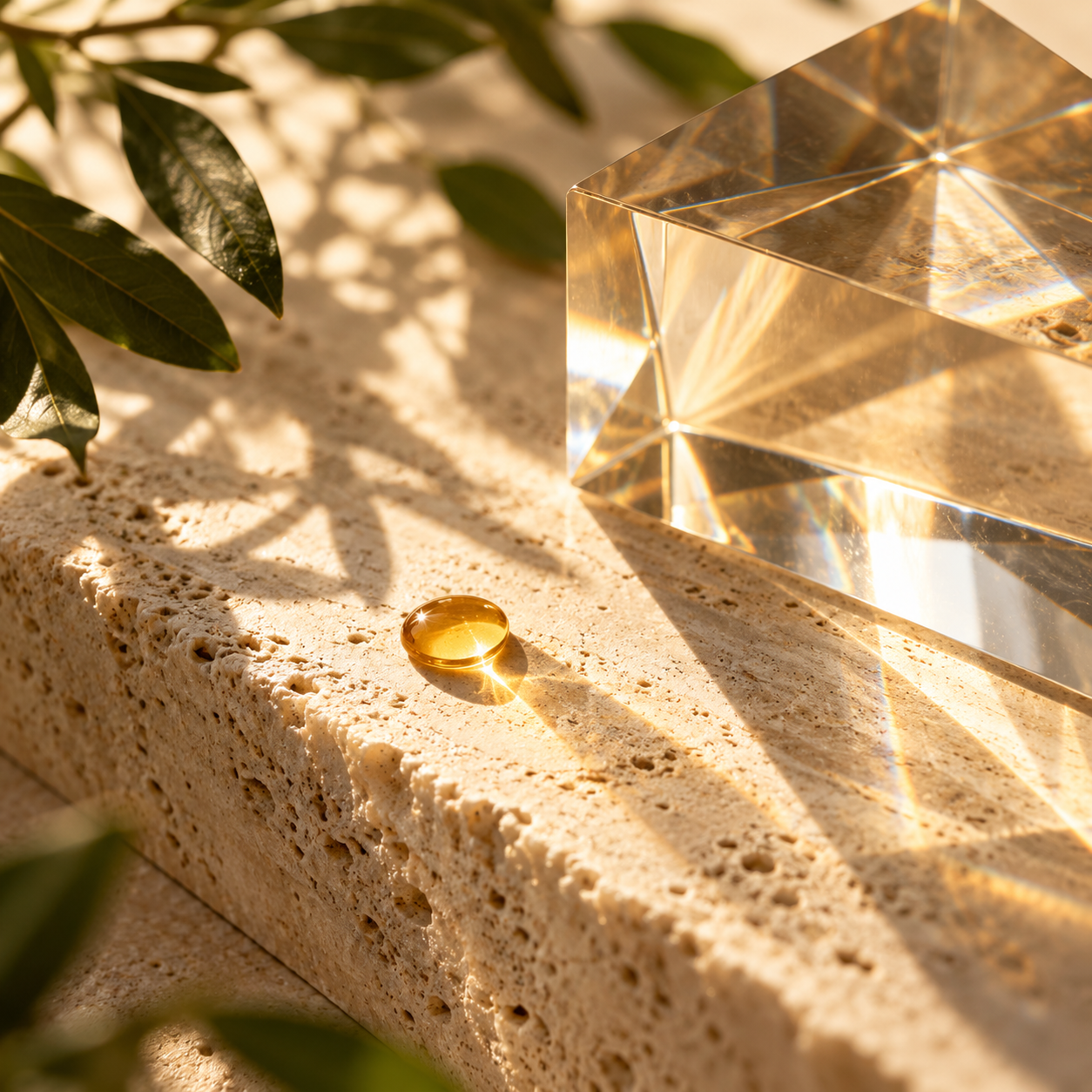 Composición de luz dorada y cristal inspirada en la vitamina D3