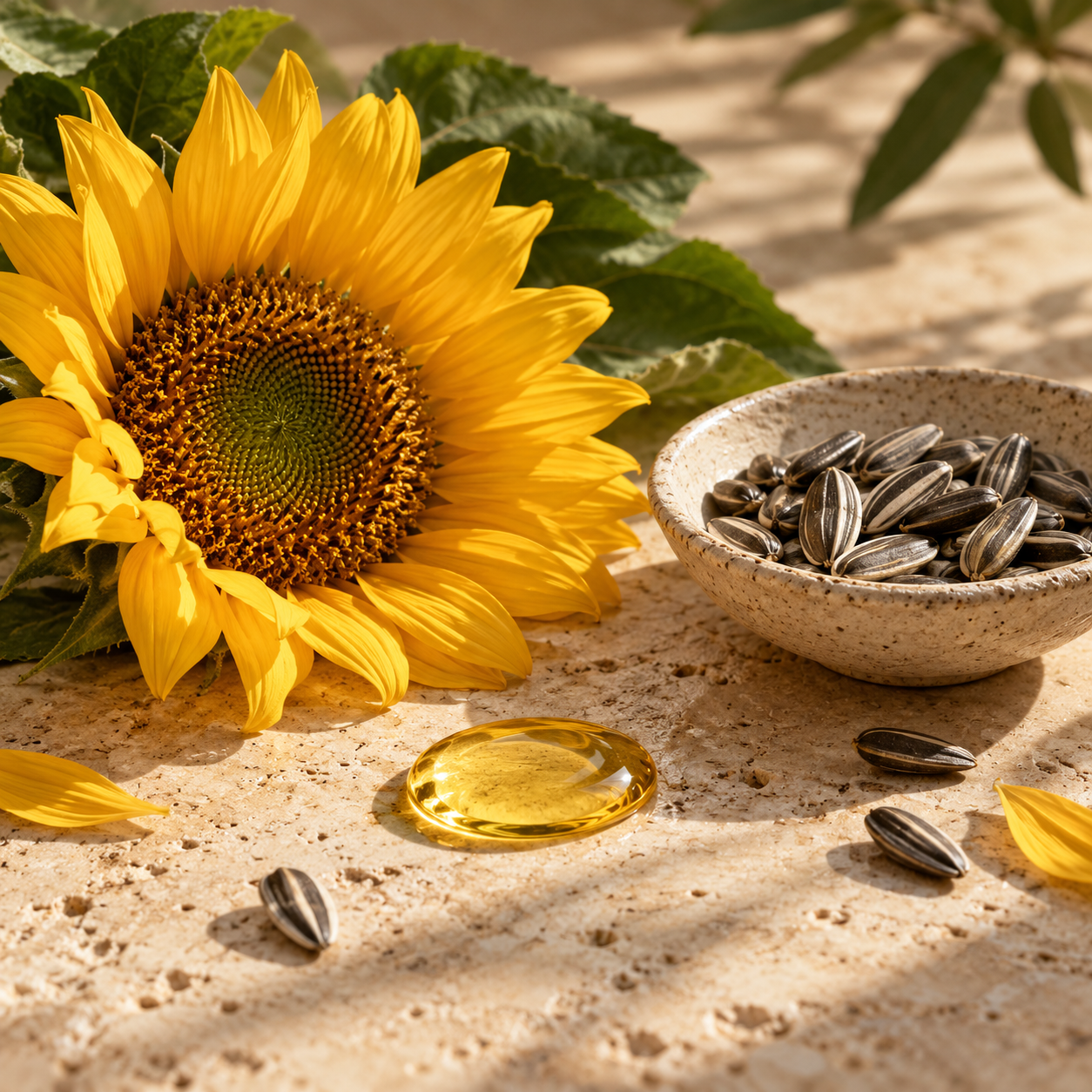 Composición de girasol, semillas y aceite inspirada en la vitamina E